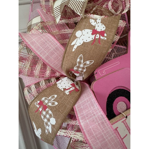 Easter Bunny Deco Mesh & Ribbon Spring Wreath Front Door Hanger Home Decor - Picture 3 of 9